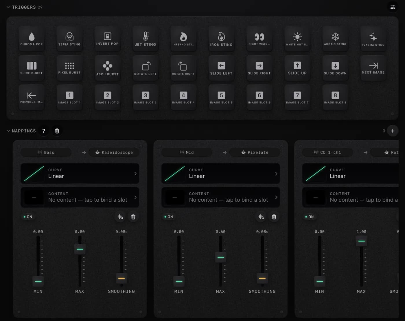 Trigger pads and mapping cards in ImmerGround: Bass to Kaleidoscope, Mid to Pixelate and a MIDI knob, CC 1 on channel 1, to Rotate, each with a curve and min, max and smoothing faders