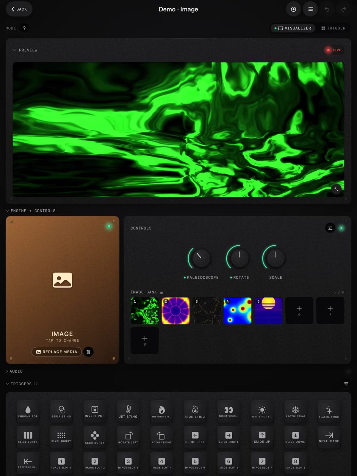 ImmerGround on iPad in Visualizer mode: a green night vision liquid in the live preview, the bronze Image engine tile, Kaleidoscope, Rotate and Scale knobs, and an image bank of five colourful stills