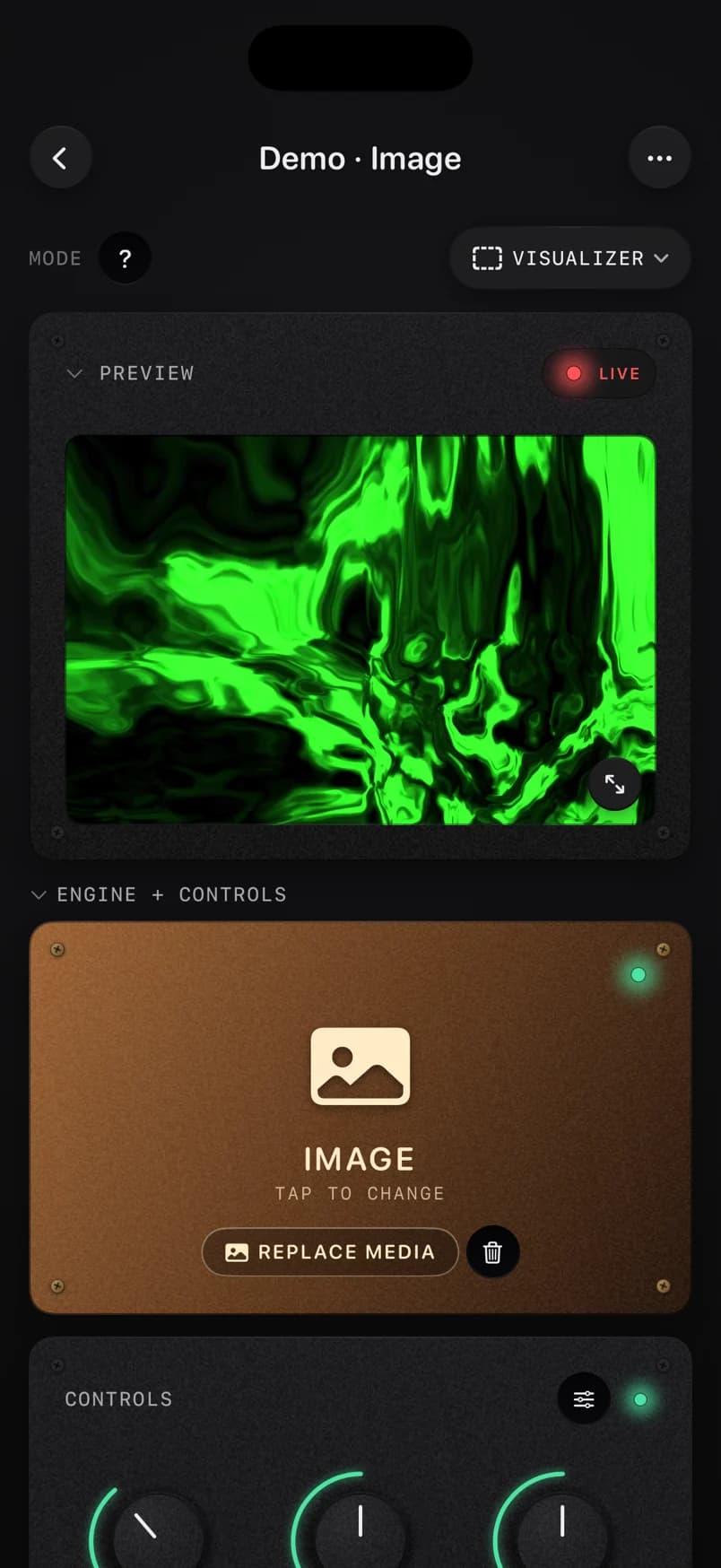 ImmerGround on iPhone in Visualizer mode: a green night vision liquid folded by the kaleidoscope in the live preview, above the bronze Image engine tile and the controls