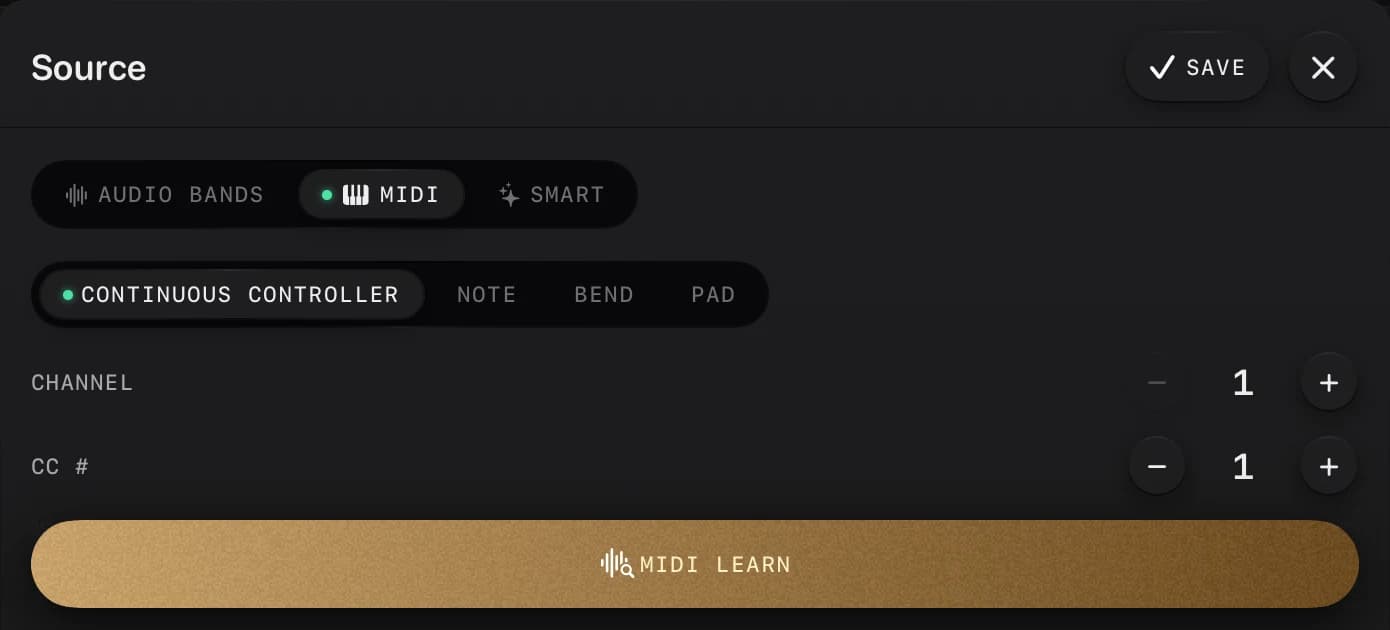 The source picker in ImmerGround: the Audio bands, MIDI and Smart tabs, Continuous Controller, channel 1, CC number 1 and the gold MIDI Learn button