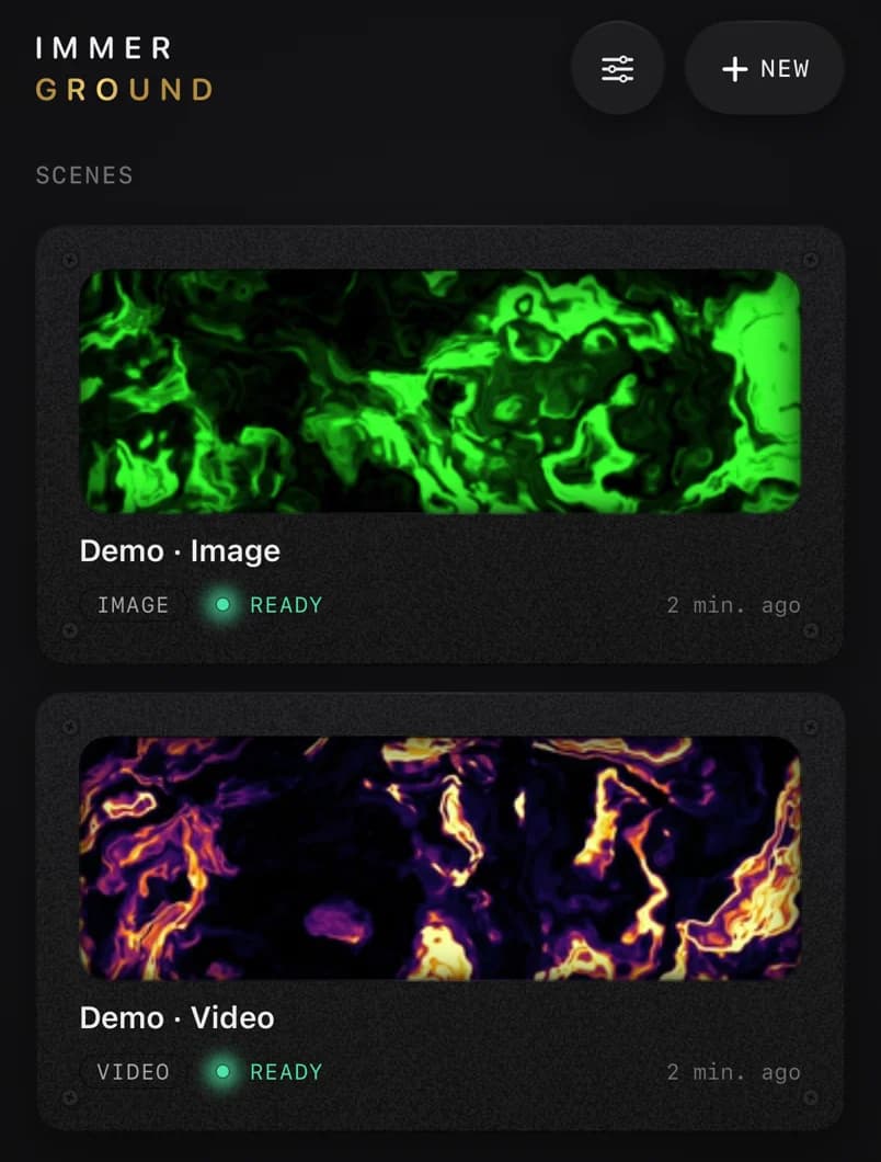 The ImmerGround project list on iPhone: Demo · Image with a green night vision still and Demo · Video with a fiery inferno clip, both ready