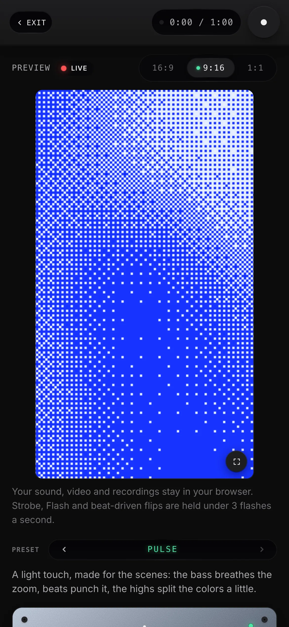 The visualizer on a phone, in 9:16 with the Dither wave scene playing
