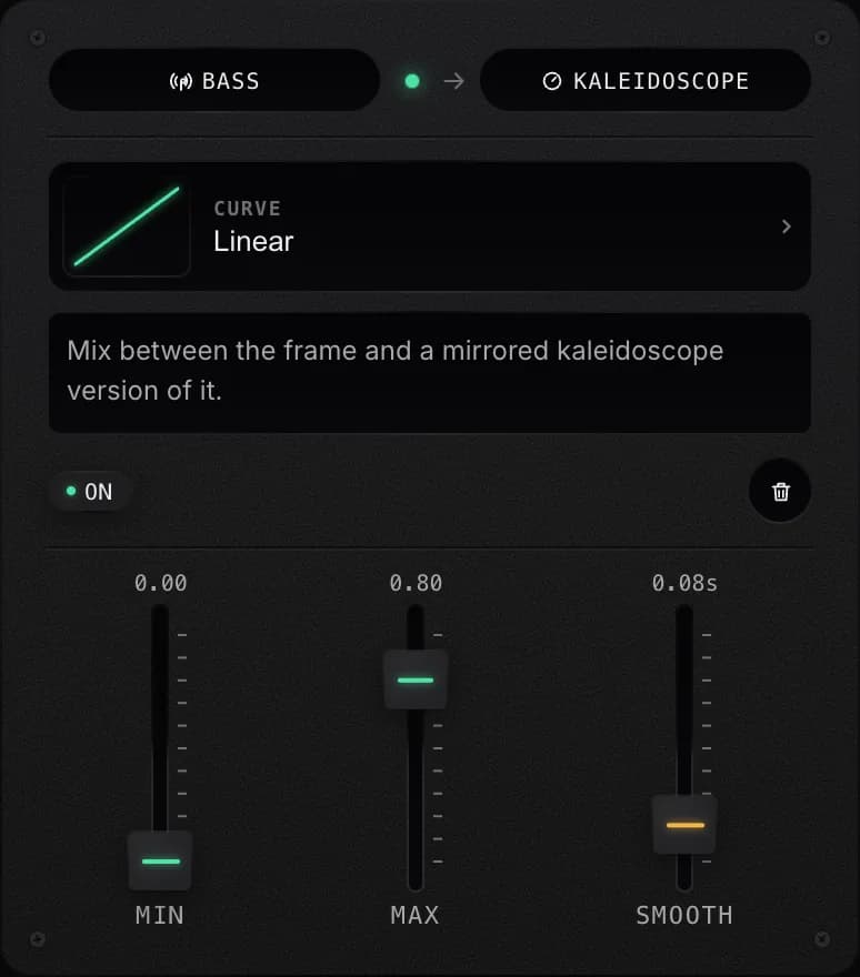 A mapping card: Bass to Kaleidoscope with a linear curve and min, max and smoothing faders