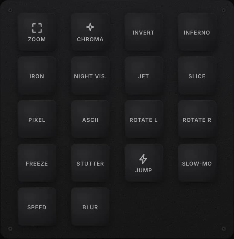 The Triggers panel: a grid of pads for zoom punch, strobe, flash, stutter and other stings