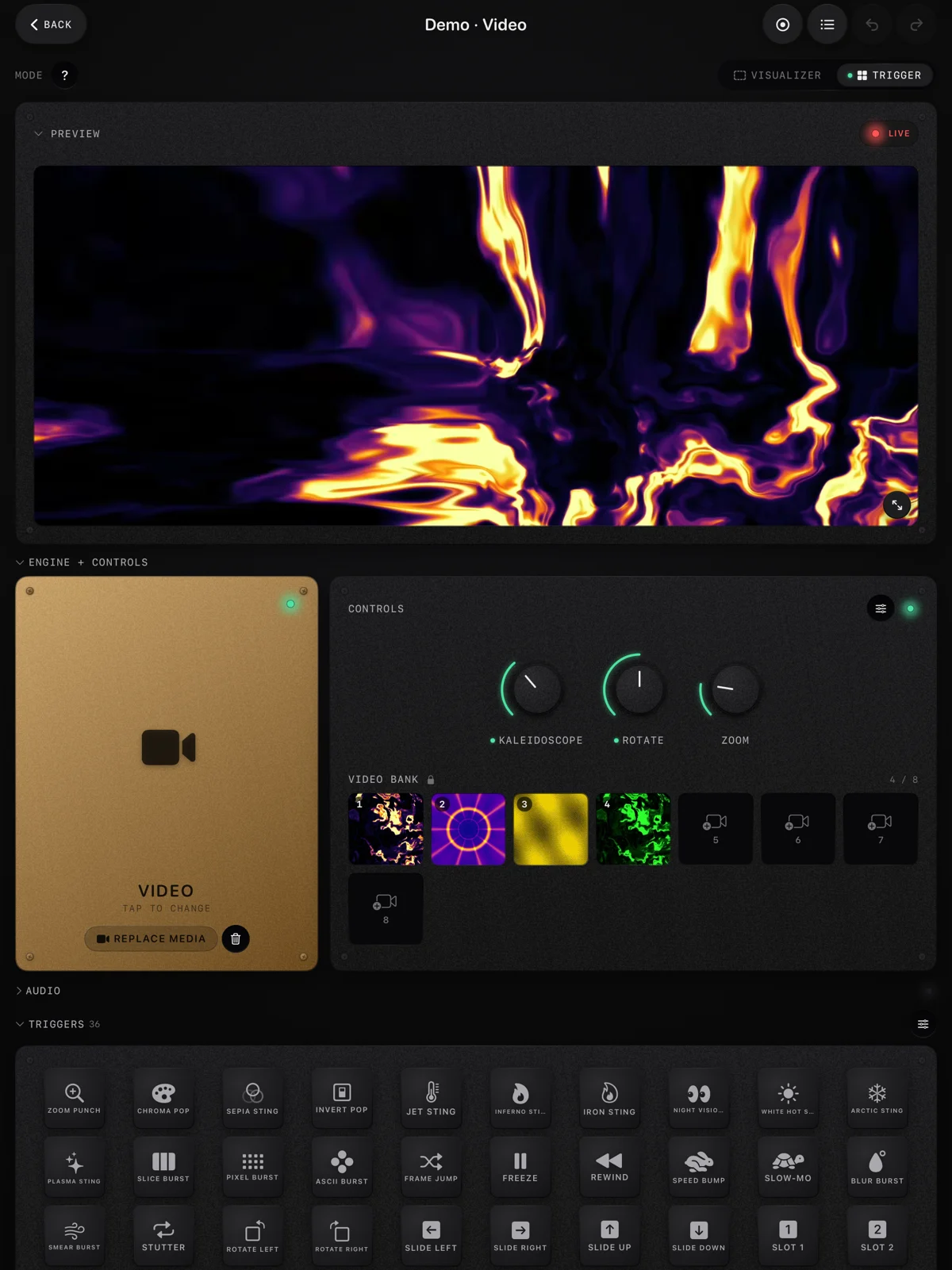 ImmerGround on iPad in Trigger mode: a fiery inferno clip in the live preview, the brass Video engine tile, a video bank of four clips and 36 trigger pads