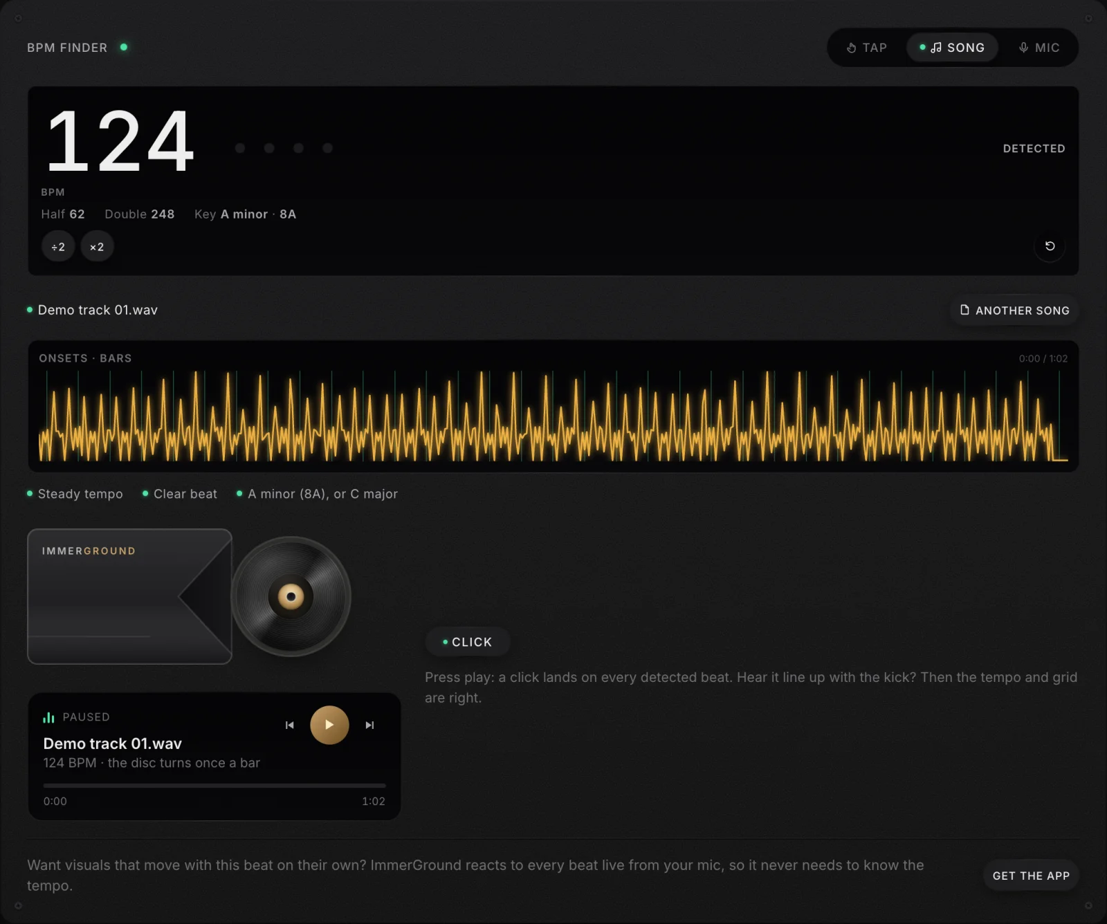 The ImmerGround BPM finder after reading a song: 124 BPM with half 62 and double 248, the key A minor, a plot of onsets with bar lines, the badges Steady tempo and Clear beat, and a CD player with a Click switch.
