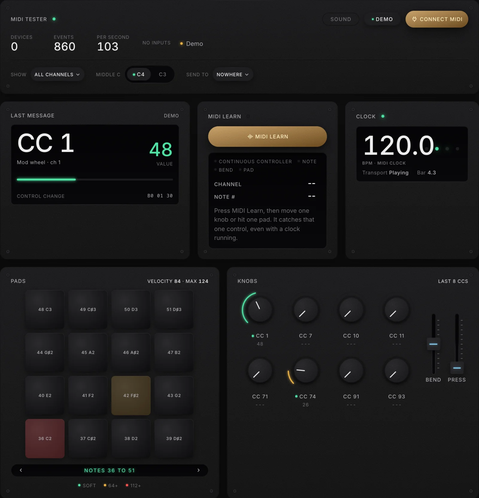 The ImmerGround MIDI tester in its demo mode: the last message reads CC 1, mod wheel on channel 1, value 48; a MIDI clock panel shows 120 BPM playing; below are sixteen pads with two lit, eight knobs with two moved, and a bend and pressure fader.
