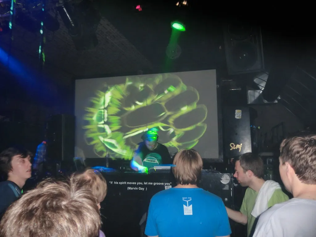 A small club with a DJ under a large projected screen showing a green organic shape, and people in the foreground facing the booth.