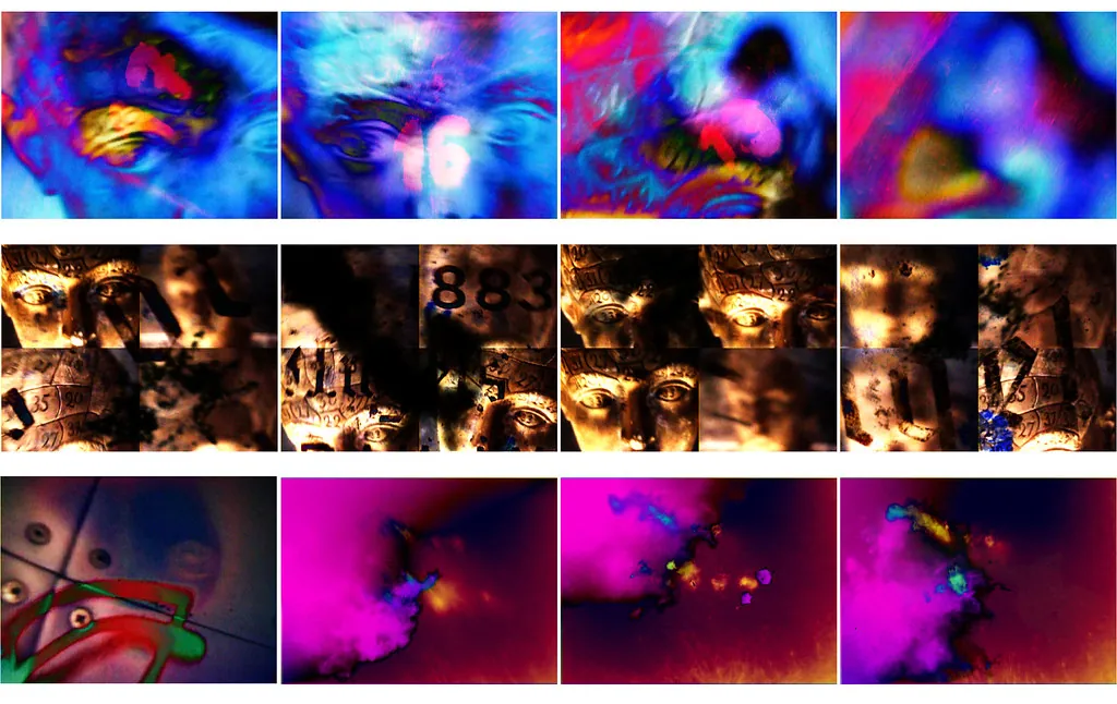 A contact sheet of twelve video stills in three rows: blue and pink abstract faces, gold-lit carved faces and magenta smoke.