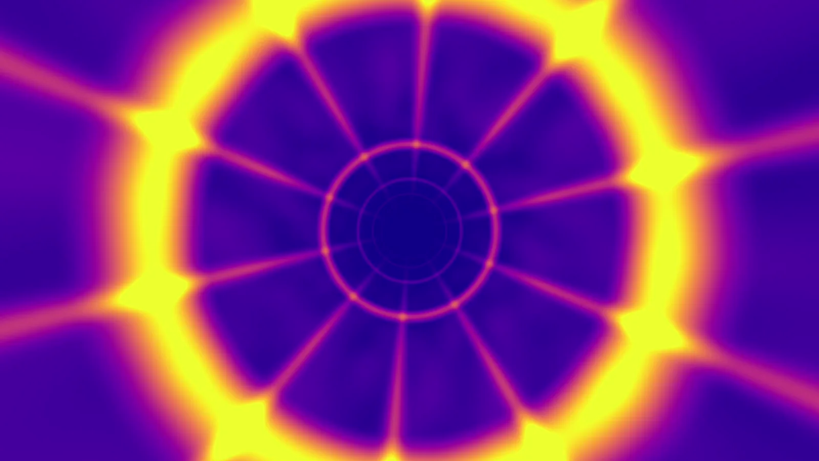 A frame of the free Tunnel, Plasma VJ loop: a glowing ring with rays shooting outward, in the plasma palette of deep purple, orange and yellow