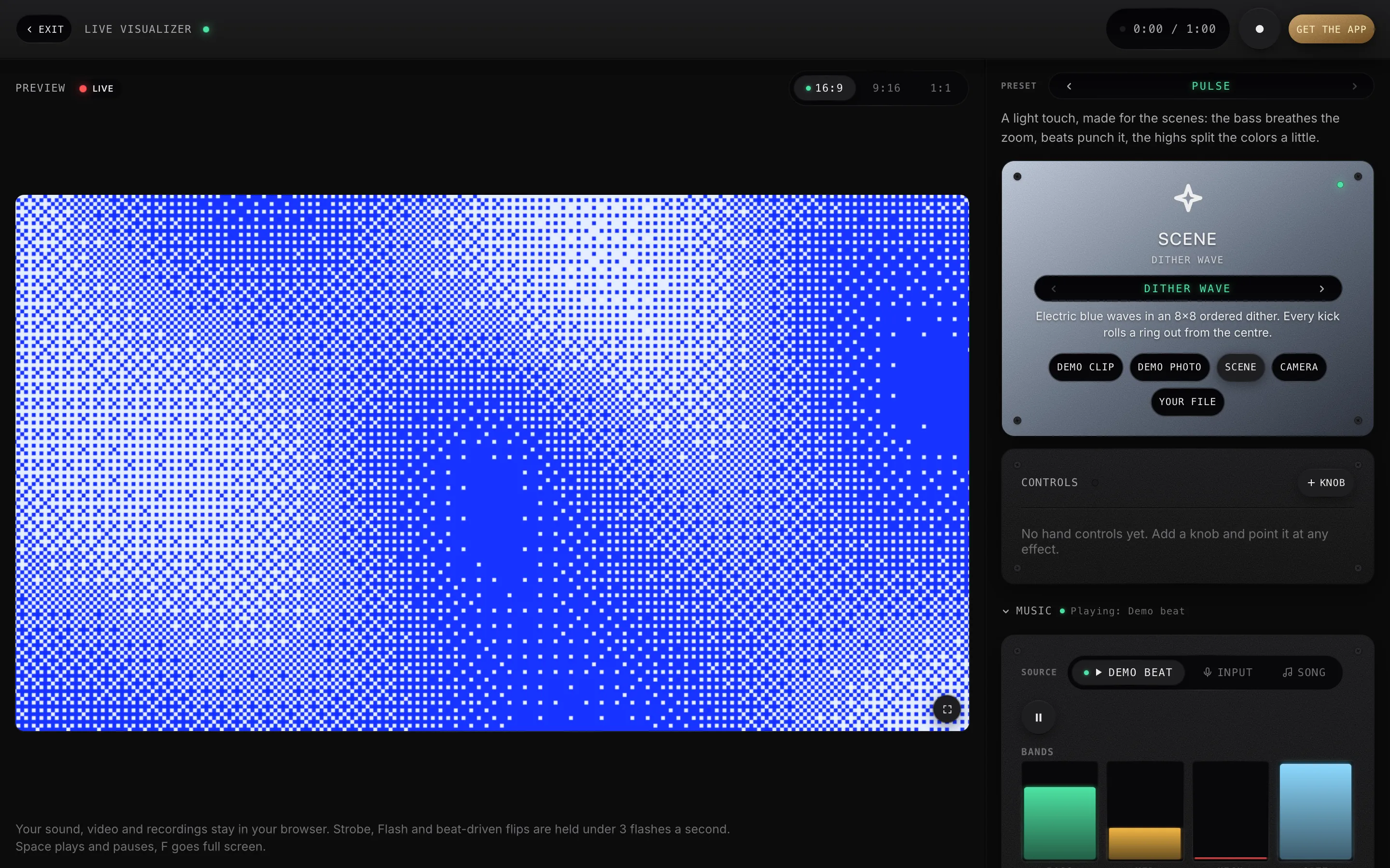 The free ImmerGround visualizer in a browser: the Dither wave scene in electric blue, the Pulse preset, the Scene tile with its picker and the live band meters
