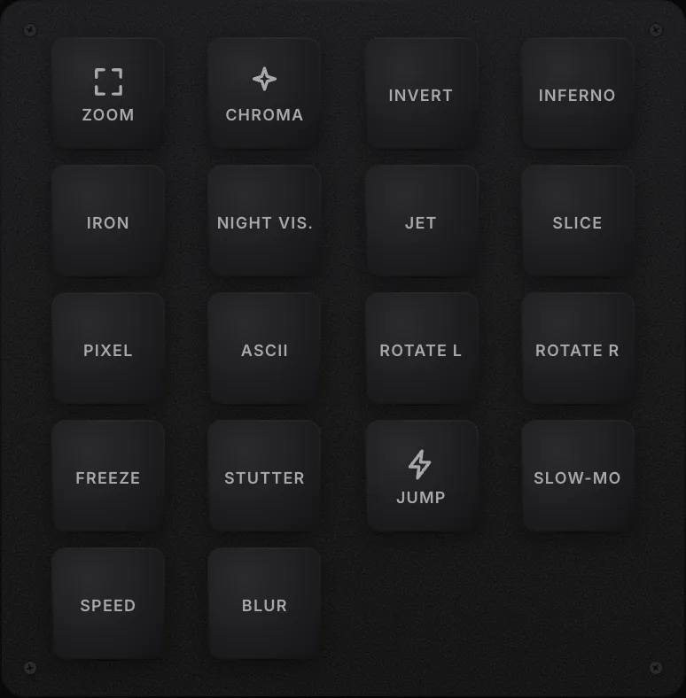 The visualizer trigger pads: zoom punch, chroma, invert, thermal stings, pixel, ASCII, rotate, freeze, stutter and more